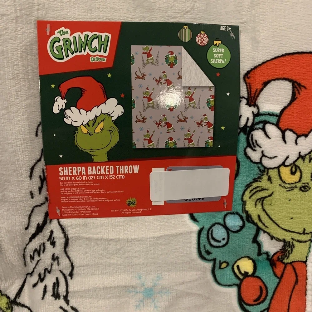 The Grinch Dr. Seuss Christmas Holiday Grey Sherpa Throw Blanket 50